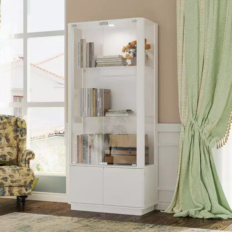 Vetrina bianca con vetro temperato e faretto superiore, libreria minimalista, per esporre e conservare oggetti da collezione, per ufficio/studio/soggiorno.
