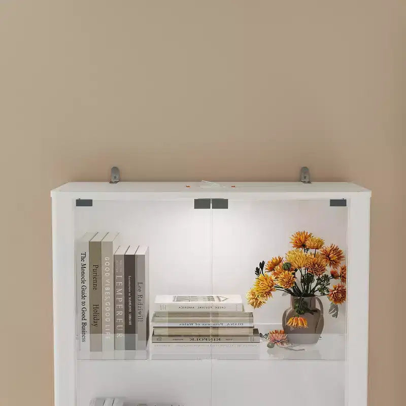 Vetrina bianca con vetro temperato e faretto superiore, libreria minimalista, per esporre e conservare oggetti da collezione, per ufficio/studio/soggiorno.