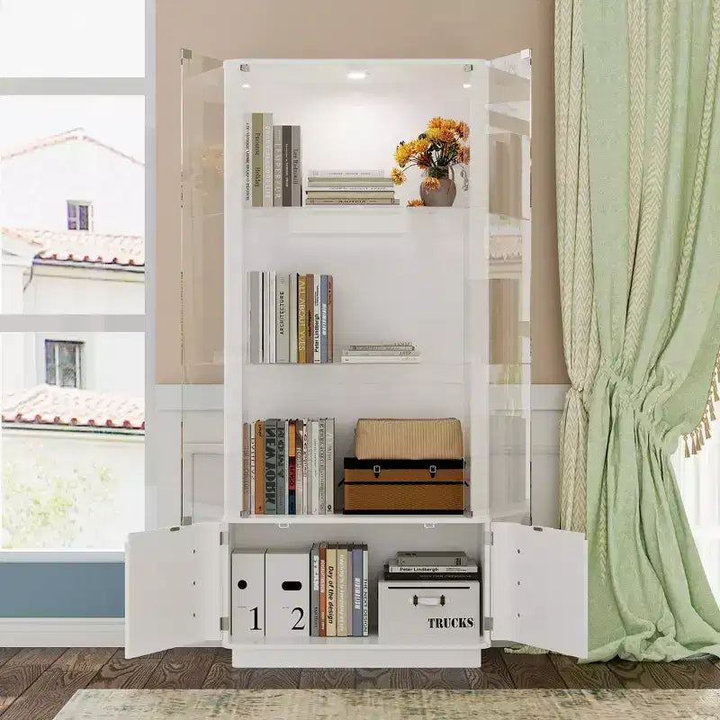 Vetrina bianca con vetro temperato e faretto superiore, libreria minimalista, per esporre e conservare oggetti da collezione, per ufficio/studio/soggiorno.