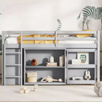 MAYEERTY Twin Loft Bed with Drawer Cabinet Shelf Cabinet and Pulling Out Desk,Rubber Wood Loft Bed with Guardrail Ladder Gray