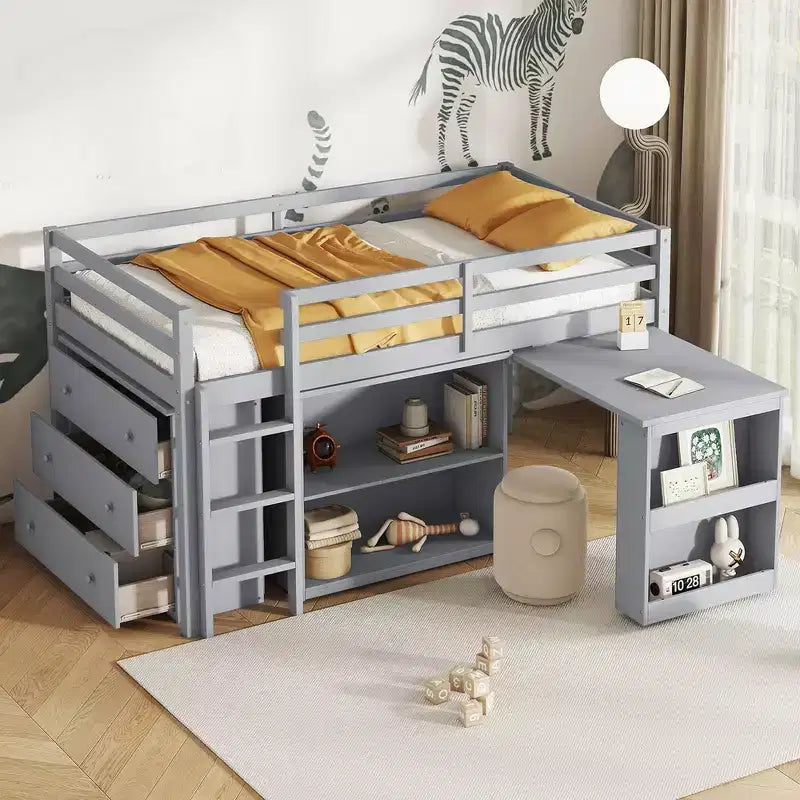 Letto a soppalco matrimoniale con cassetto, armadio a ripiani e scrivania estraibile, letto a soppalco in legno di gomma con sponda e scaletta, grigio