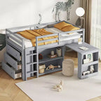 Letto a soppalco matrimoniale con cassetto, armadio a ripiani e scrivania estraibile, letto a soppalco in legno di gomma con sponda e scaletta, grigio