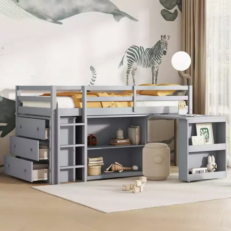 Letto a soppalco matrimoniale con cassetto, armadio a ripiani e scrivania estraibile, letto a soppalco in legno di gomma con sponda e scaletta, grigio
