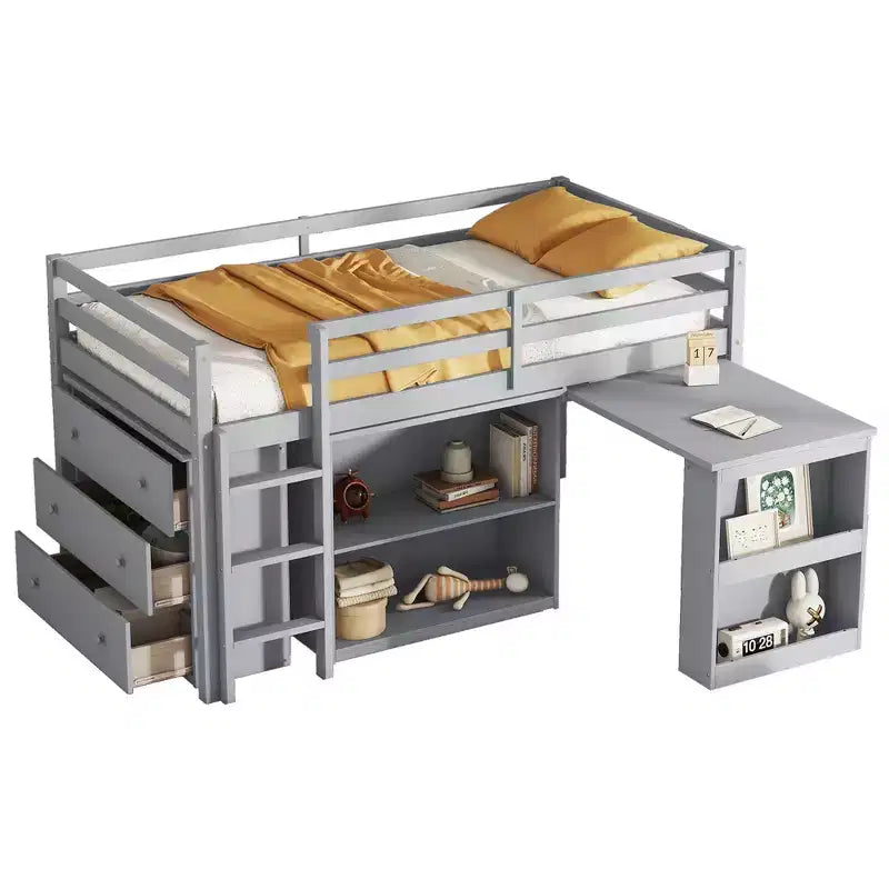 Letto a soppalco matrimoniale con cassetto, armadio a ripiani e scrivania estraibile, letto a soppalco in legno di gomma con sponda e scaletta, grigio
