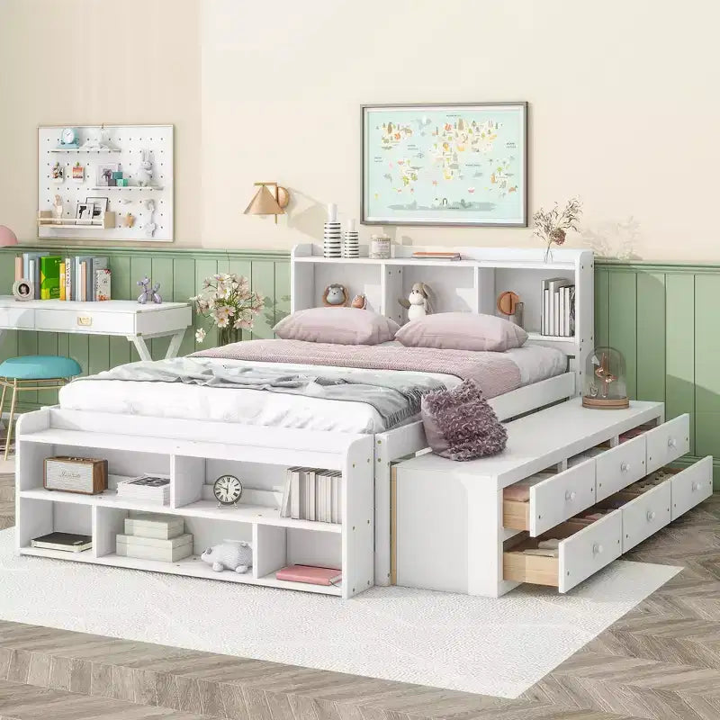 Letto Matrimoniale in Legno Massello con Testiera Libreria Cassetti Contenitori Sottoletto e Contenitore a Piedi del Letto per Camera da Letto Bianco