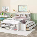 Letto Matrimoniale in Legno Massello con Testiera Libreria Cassetti Contenitori Sottoletto e Contenitore a Piedi del Letto per Camera da Letto Bianco