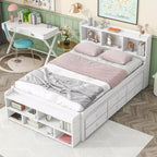 Letto Matrimoniale in Legno Massello con Testiera Libreria Cassetti Contenitori Sottoletto e Contenitore a Piedi del Letto per Camera da Letto Bianco