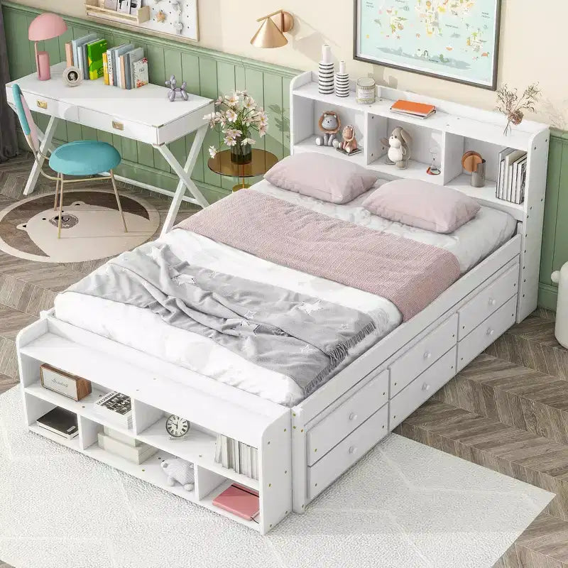 Letto Matrimoniale in Legno Massello con Testiera Libreria Cassetti Contenitori Sottoletto e Contenitore a Piedi del Letto per Camera da Letto Bianco