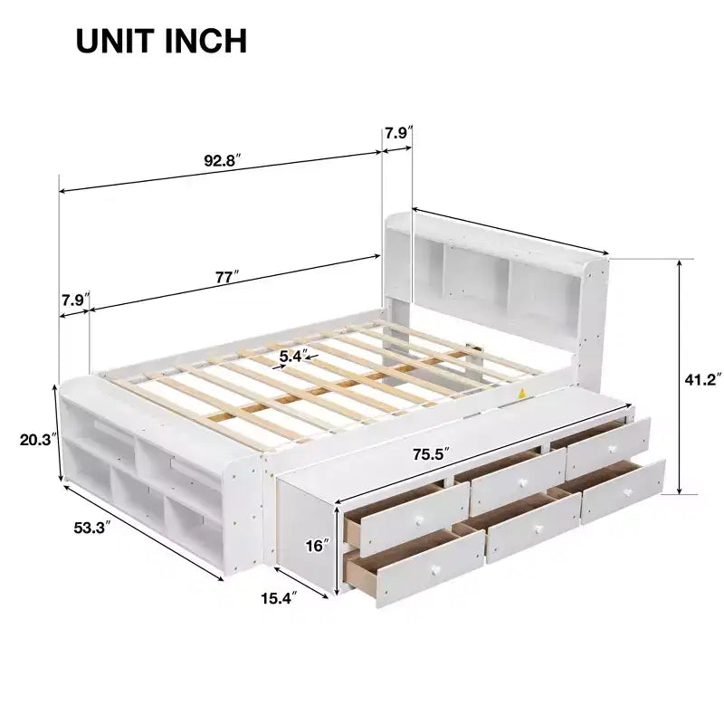 Letto Matrimoniale in Legno Massello con Testiera Libreria Cassetti Contenitori Sottoletto e Contenitore a Piedi del Letto per Camera da Letto Bianco