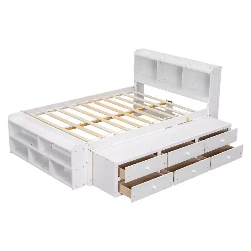 Letto Matrimoniale in Legno Massello con Testiera Libreria Cassetti Contenitori Sottoletto e Contenitore a Piedi del Letto per Camera da Letto Bianco