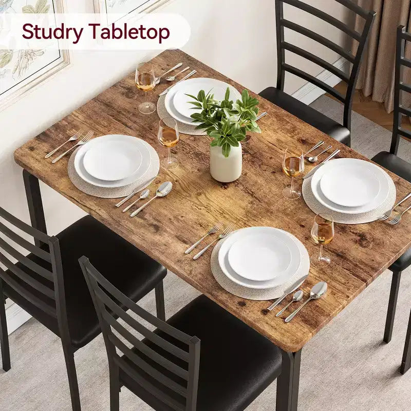 Tavolo da Pranzo da Cucina 5 Pezzi con Sedie, Telaio in Metallo con Piano in Legno, Tavolo da Pranzo Quadrato, Facile Montaggio, per la Casa