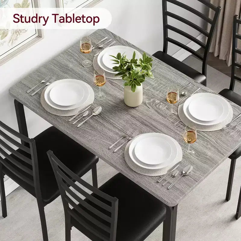 Tavolo da Pranzo da Cucina 5 Pezzi con Sedie, Telaio in Metallo con Piano in Legno, Tavolo da Pranzo Quadrato, Facile Montaggio, per la Casa