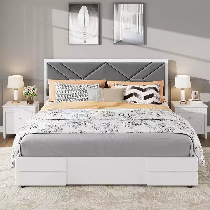Struttura Letto in Legno con Testiera Imbottita, Robuste Doghe in Legno Nessuna Rete a Molle Necessaria