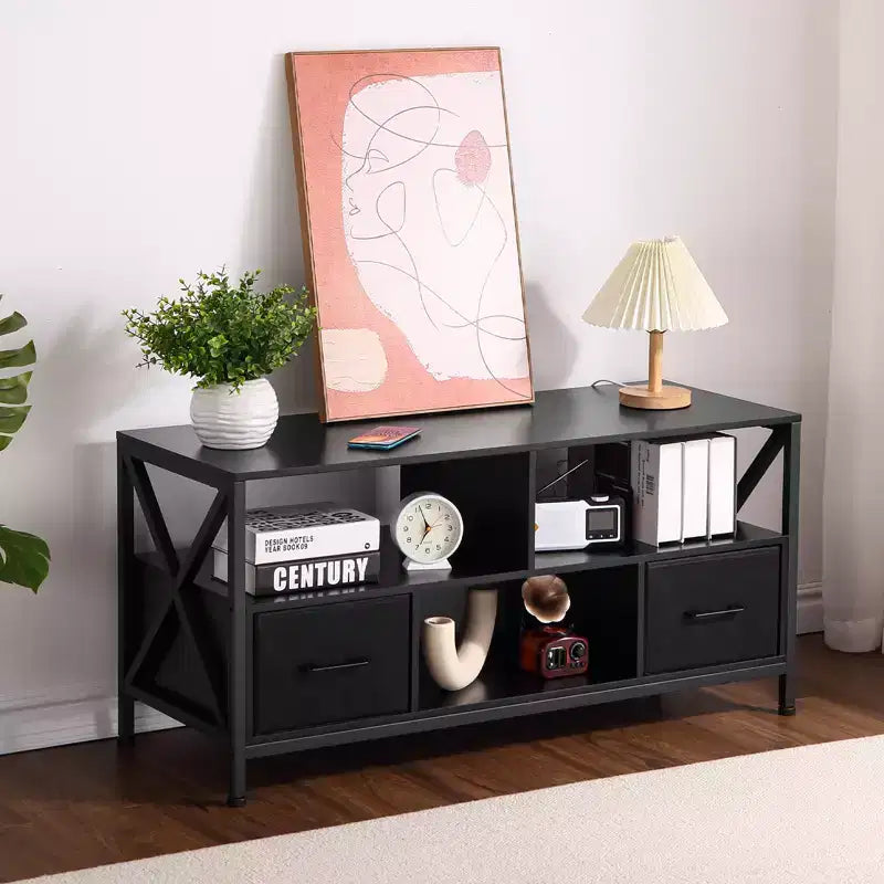 Mobile TV con cassetto in ferro, legno e tessuto - Grande, Cassetti eleganti in tessuto, Struttura durevole in ferro e legno, Ampio spazio di archiviazione, Design moderno
