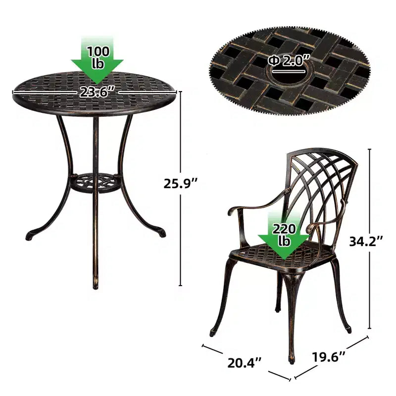 Bistrot da Patio in Alluminio Pressofuso a 3 Pezzi, Tavolo e Sedie con Foro per Ombrellone, Piedini Regolabili, Nero e Bronzo