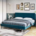 King-size bed frame, velvet upholstered platform bed, modern style bed frame, slatted support, adjustable headboard, no box spring needed