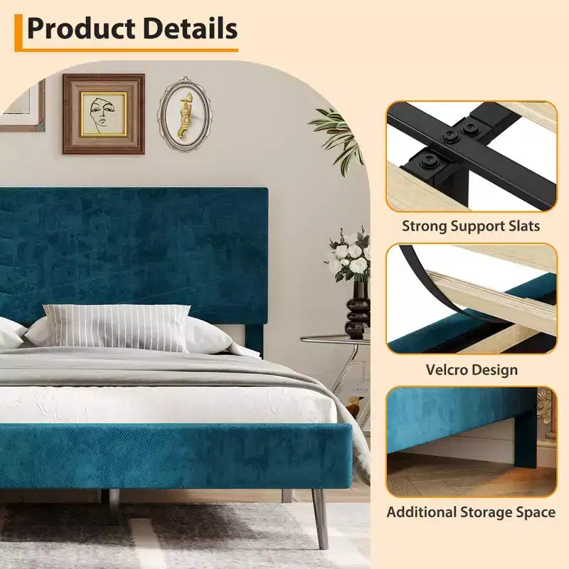 Struttura letto king-size, letto a piattaforma rivestito in velluto, struttura letto in stile moderno, supporto a doghe, testiera regolabile, non è necessaria la rete a molle