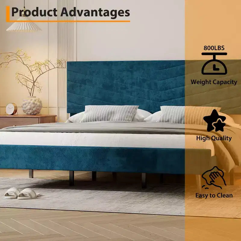 Struttura letto king-size, letto a piattaforma rivestito in velluto, struttura letto in stile moderno, supporto a doghe, testiera regolabile, non è necessaria la rete a molle