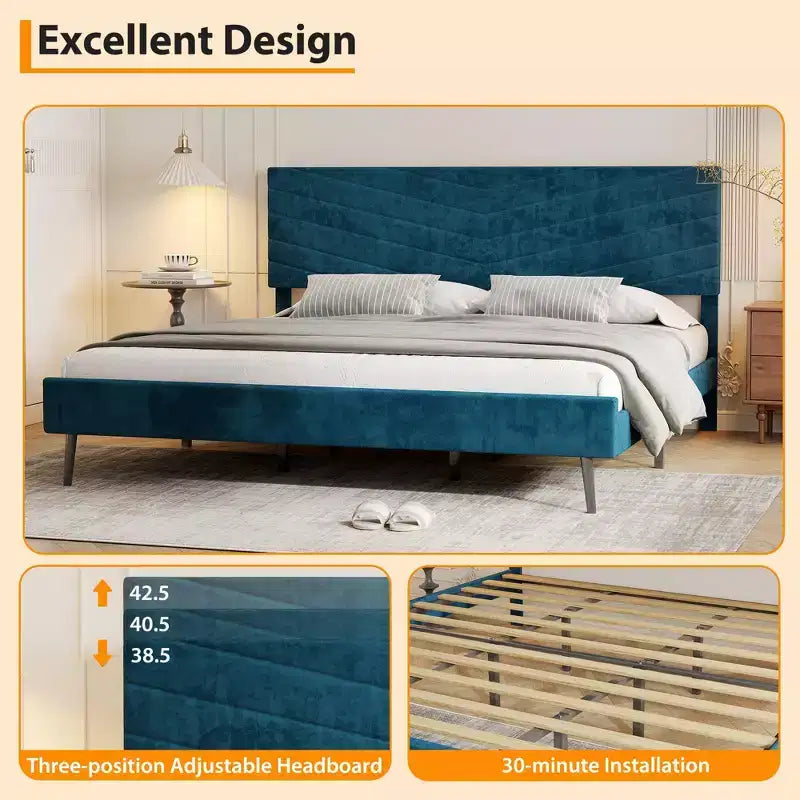 Struttura letto king-size, letto a piattaforma rivestito in velluto, struttura letto in stile moderno, supporto a doghe, testiera regolabile, non è necessaria la rete a molle