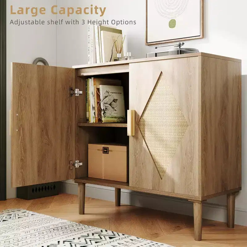 Credenza a Buffet con Vano Contenitore, Mobile Contenitore con 2 Sportelli in Rattan, Credenza, Mobile Accent per Soggiorno, Sala da Pranico, Ingresso