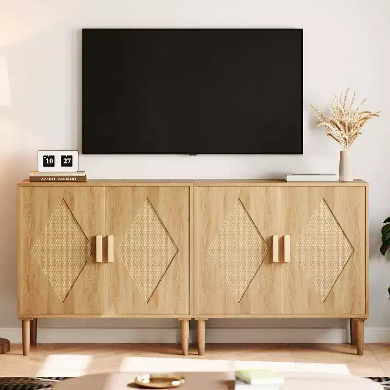 Credenza a Buffet con Vano Contenitore, Mobile Contenitore con 2 Sportelli in Rattan, Credenza, Mobile Accent per Soggiorno, Sala da Pranico, Ingresso