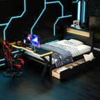 Twin/Full Size Wooden Gaming Platform Bed with LED Headboard, Desk & USB Storage Drawers, Black - ModernLuxe