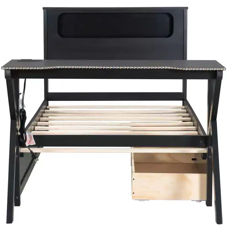 Letto a piattaforma da gioco in legno Twin/Full Size con testiera a LED, scrivania e cassetti portaoggetti USB, nero