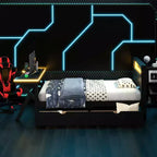 Letto a piattaforma da gioco in legno Twin/Full Size con testiera a LED, scrivania e cassetti portaoggetti USB, nero