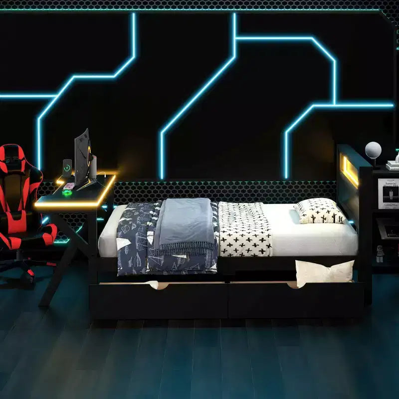 Letto a piattaforma da gioco in legno Twin/Full Size con testiera a LED, scrivania e cassetti portaoggetti USB, nero