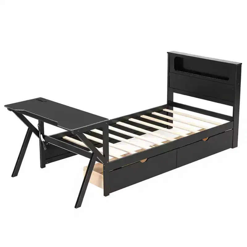 Letto a piattaforma da gioco in legno Twin/Full Size con testiera a LED, scrivania e cassetti portaoggetti USB, nero