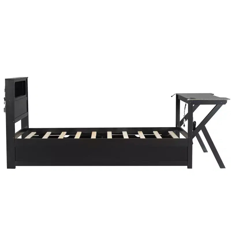 Letto a piattaforma da gioco in legno Twin/Full Size con testiera a LED, scrivania e cassetti portaoggetti USB, nero
