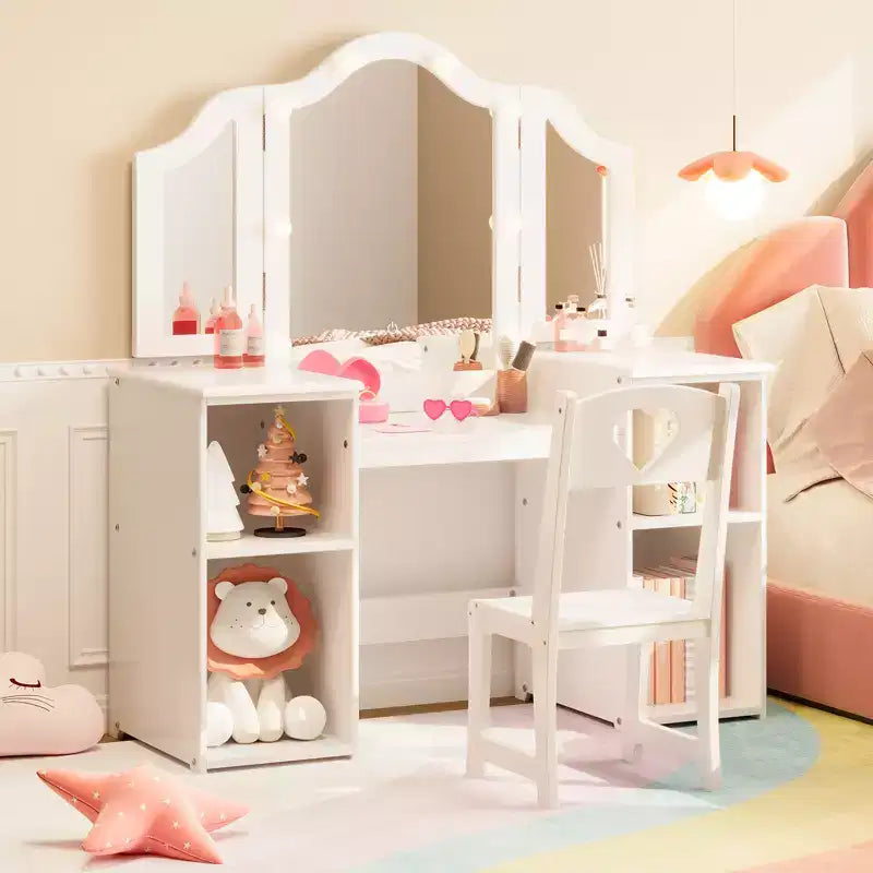 Tavolino e Sedia da Toilette 2-in-1 per Bambine con Luce, Specchio a Tre Ante Rimovibile e Set Trucco in Legno - Scrivania da Principessa con Contenitore per Bambini