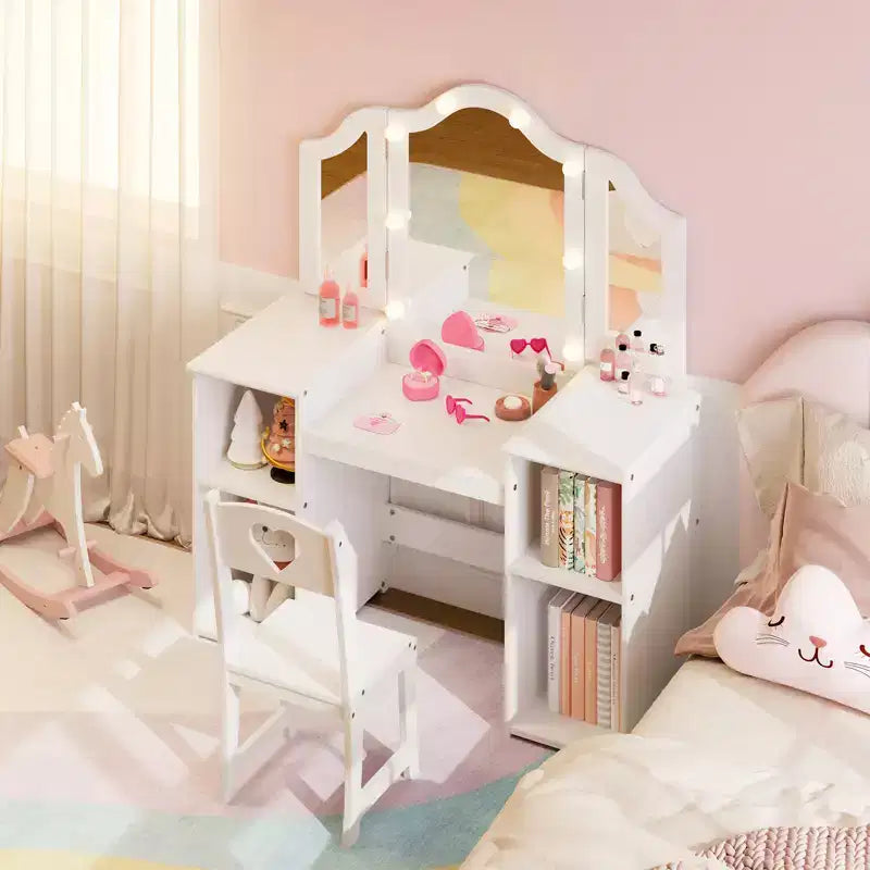 Tavolino e Sedia da Toilette 2-in-1 per Bambine con Luce, Specchio a Tre Ante Rimovibile e Set Trucco in Legno - Scrivania da Principessa con Contenitore per Bambini