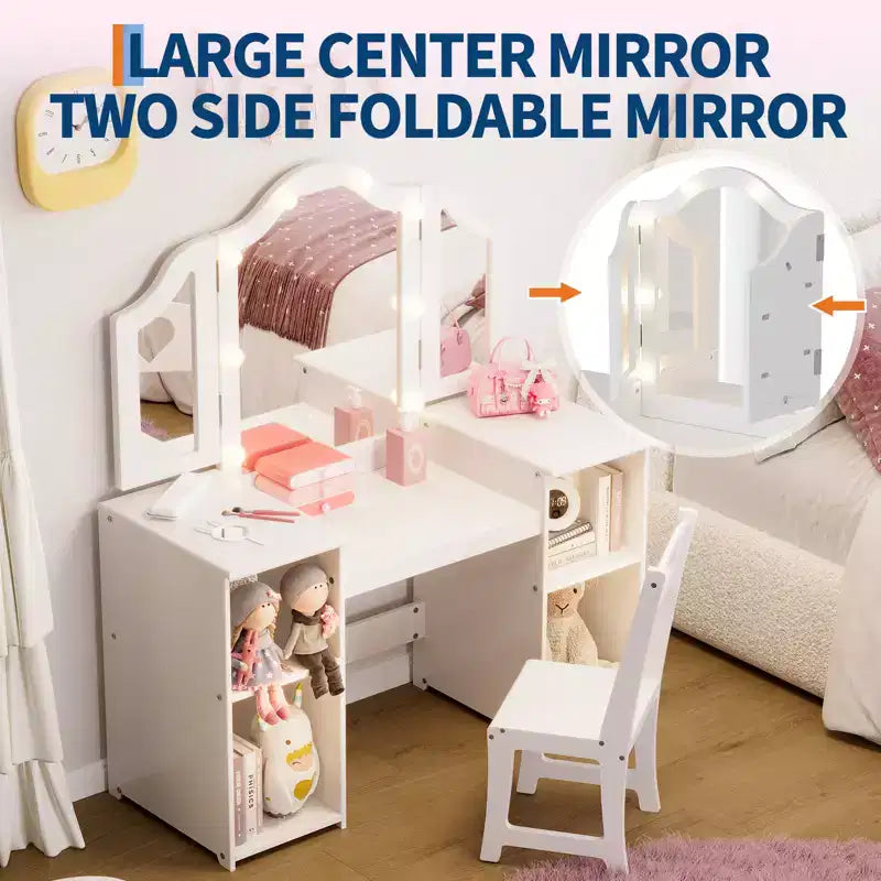 Tavolino e Sedia da Toilette 2-in-1 per Bambine con Luce, Specchio a Tre Ante Rimovibile e Set Trucco in Legno - Scrivania da Principessa con Contenitore per Bambini
