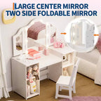 Tavolino e Sedia da Toilette 2-in-1 per Bambine con Luce, Specchio a Tre Ante Rimovibile e Set Trucco in Legno - Scrivania da Principessa con Contenitore per Bambini
