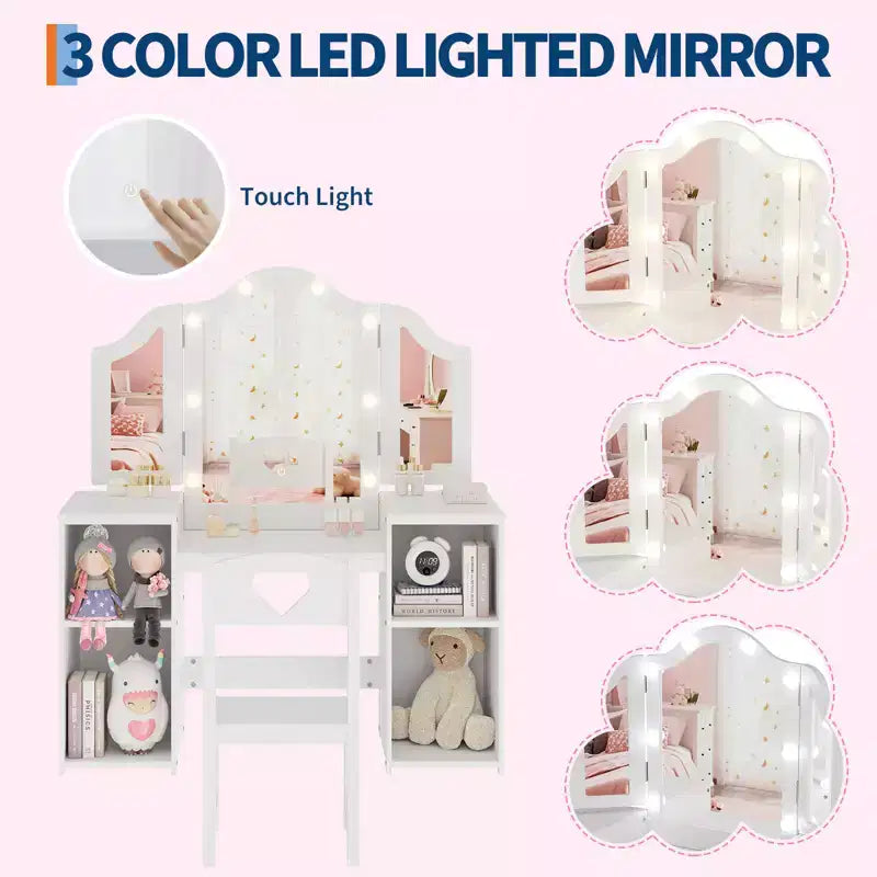 Tavolino e Sedia da Toilette 2-in-1 per Bambine con Luce, Specchio a Tre Ante Rimovibile e Set Trucco in Legno - Scrivania da Principessa con Contenitore per Bambini