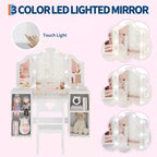 Tavolino e Sedia da Toilette 2-in-1 per Bambine con Luce, Specchio a Tre Ante Rimovibile e Set Trucco in Legno - Scrivania da Principessa con Contenitore per Bambini