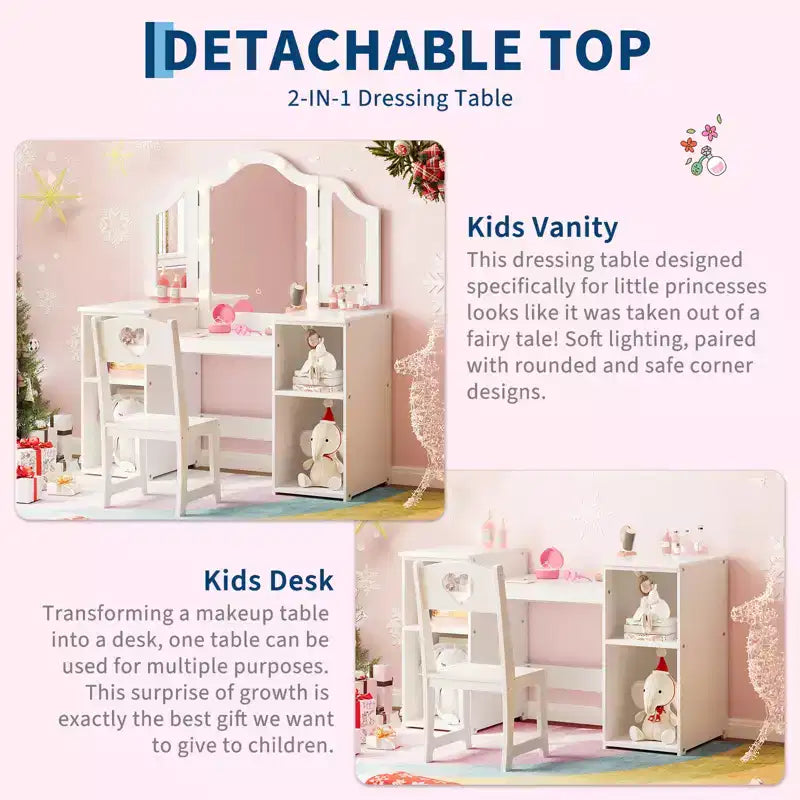 Tavolino e Sedia da Toilette 2-in-1 per Bambine con Luce, Specchio a Tre Ante Rimovibile e Set Trucco in Legno - Scrivania da Principessa con Contenitore per Bambini