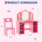 Tavolino e Sedia da Toilette 2-in-1 per Bambine con Luce, Specchio a Tre Ante Rimovibile e Set Trucco in Legno - Scrivania da Principessa con Contenitore per Bambini