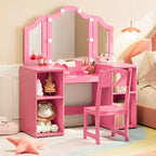 Tavolino e Sedia da Toilette 2-in-1 per Bambine con Luce, Specchio a Tre Ante Rimovibile e Set Trucco in Legno - Scrivania da Principessa con Contenitore per Bambini