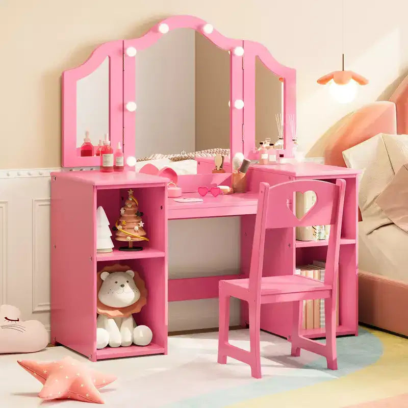 Tavolino e Sedia da Toilette 2-in-1 per Bambine con Luce, Specchio a Tre Ante Rimovibile e Set Trucco in Legno - Scrivania da Principessa con Contenitore per Bambini
