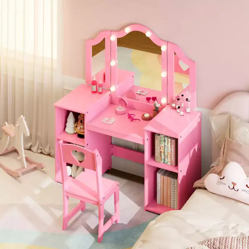 Tavolino e Sedia da Toilette 2-in-1 per Bambine con Luce, Specchio a Tre Ante Rimovibile e Set Trucco in Legno - Scrivania da Principessa con Contenitore per Bambini