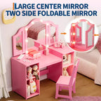 Tavolino e Sedia da Toilette 2-in-1 per Bambine con Luce, Specchio a Tre Ante Rimovibile e Set Trucco in Legno - Scrivania da Principessa con Contenitore per Bambini