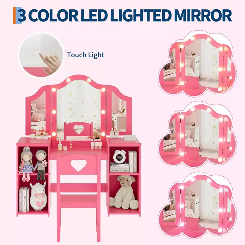 Tavolino e Sedia da Toilette 2-in-1 per Bambine con Luce, Specchio a Tre Ante Rimovibile e Set Trucco in Legno - Scrivania da Principessa con Contenitore per Bambini