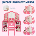 Tavolino e Sedia da Toilette 2-in-1 per Bambine con Luce, Specchio a Tre Ante Rimovibile e Set Trucco in Legno - Scrivania da Principessa con Contenitore per Bambini