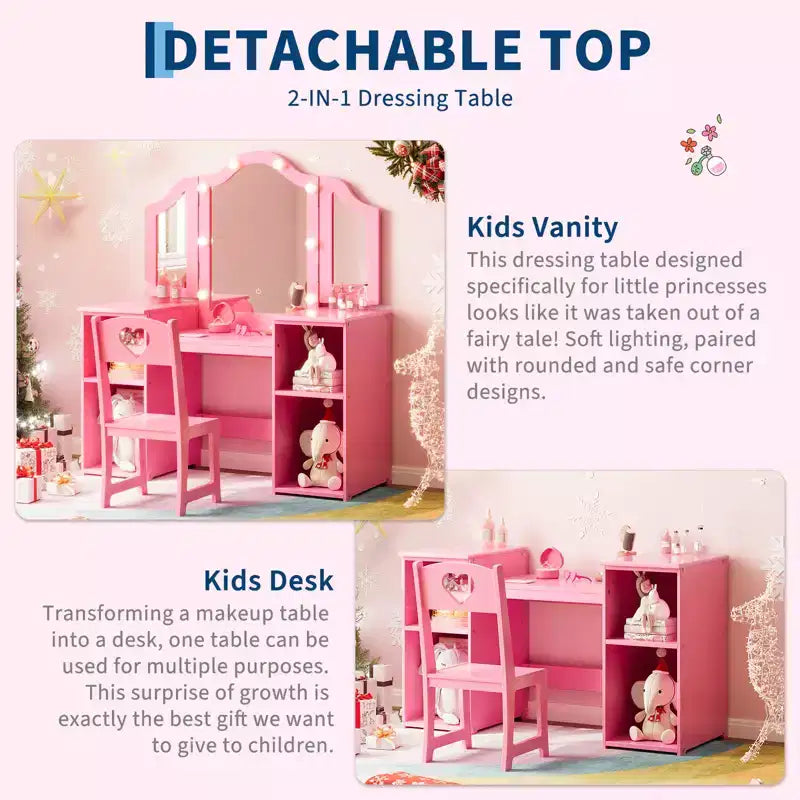 Tavolino e Sedia da Toilette 2-in-1 per Bambine con Luce, Specchio a Tre Ante Rimovibile e Set Trucco in Legno - Scrivania da Principessa con Contenitore per Bambini