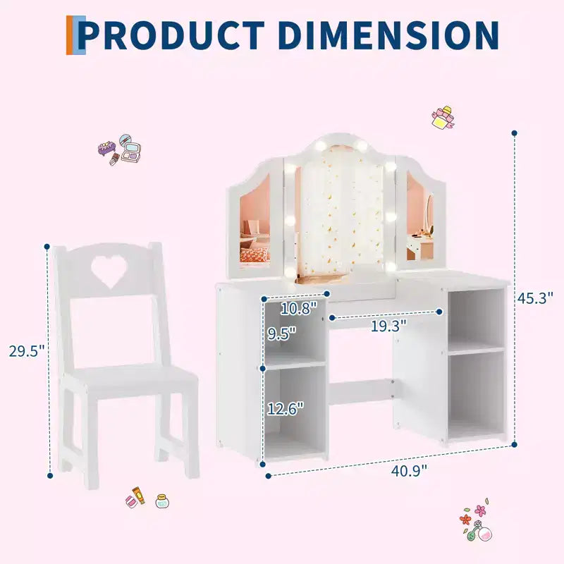 Tavolino e Sedia da Toilette 2-in-1 per Bambine con Luce, Specchio a Tre Ante Rimovibile e Set Trucco in Legno - Scrivania da Principessa con Contenitore per Bambini