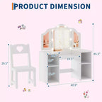 Tavolino e Sedia da Toilette 2-in-1 per Bambine con Luce, Specchio a Tre Ante Rimovibile e Set Trucco in Legno - Scrivania da Principessa con Contenitore per Bambini