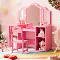 Girls 2-in-1 Vanity Table & Chair Set with Light, Detachable Tri-Fold Mirror & Wooden Makeup Playset - Princess Dressing Desk with Storage for Kids