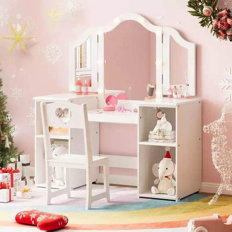 Tavolino e Sedia da Toilette 2-in-1 per Bambine con Luce, Specchio a Tre Ante Rimovibile e Set Trucco in Legno - Scrivania da Principessa con Contenitore per Bambini